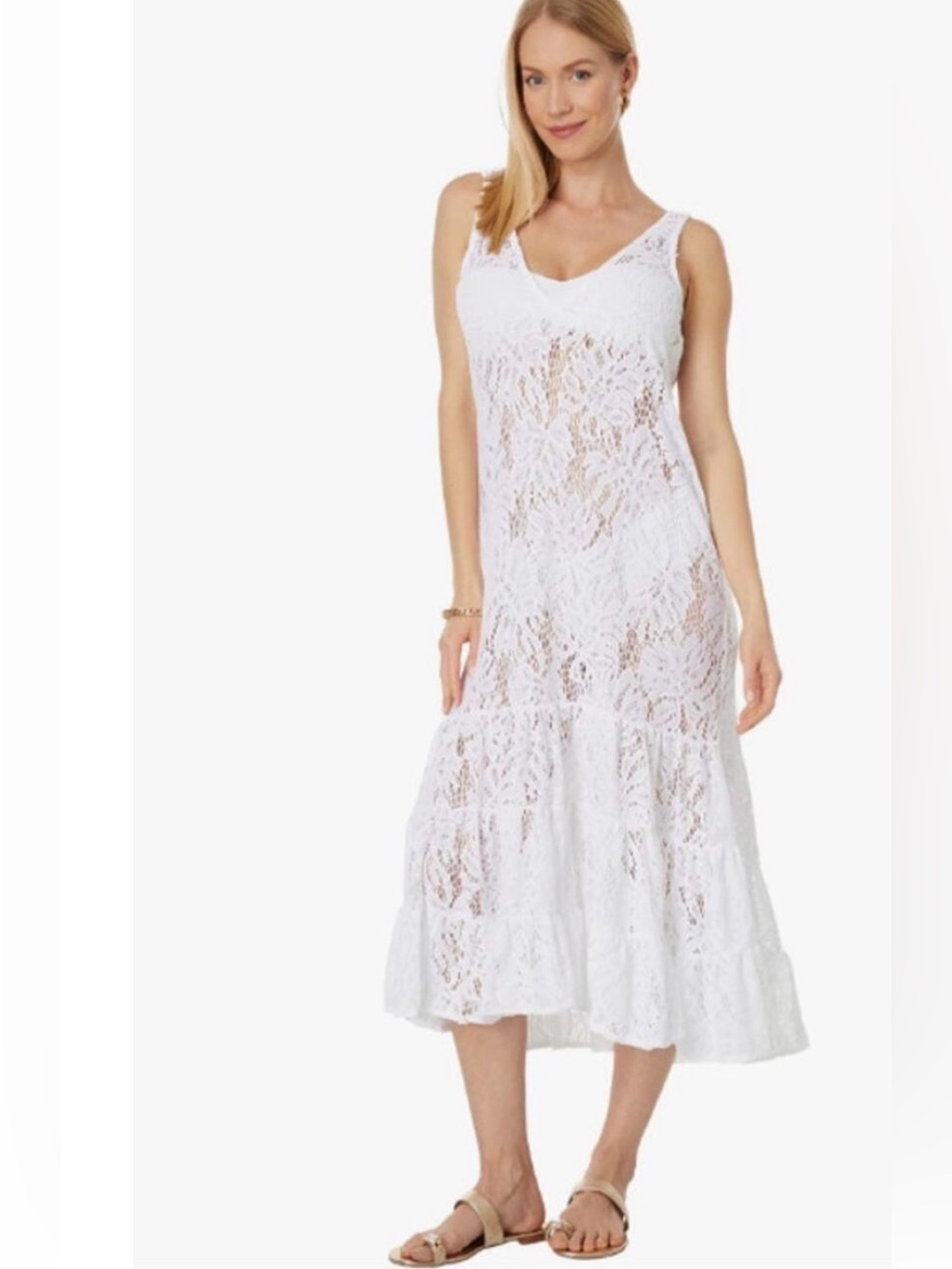 Lilly Pulitzer Finnley Lace Cover Up Dress L Resort White Paradise Sheer Tiered